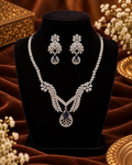 Leaf-Motif AD Necklace Set with Purple Drop — Silver Tone