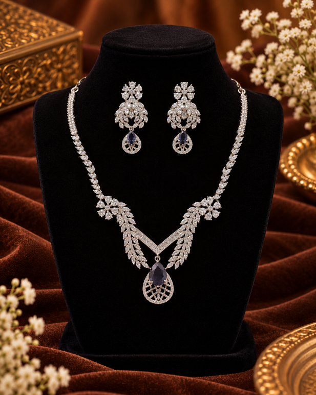 Leaf-Motif AD Necklace Set with Purple Drop — Silver Tone