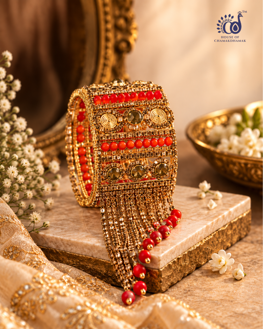 Broad Statement Cuff Bangle with Jarkan Work and Bead Latkan — Free Size