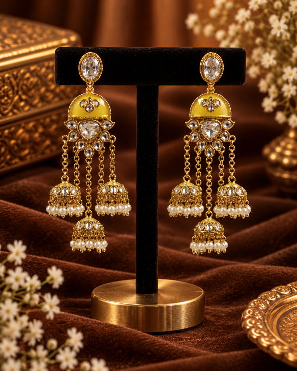 Triple Jhumka Drop Earrings with Kundan Work