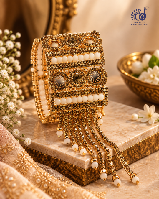Broad Statement Cuff Bangle with Jarkan Work and Bead Latkan — Free Size