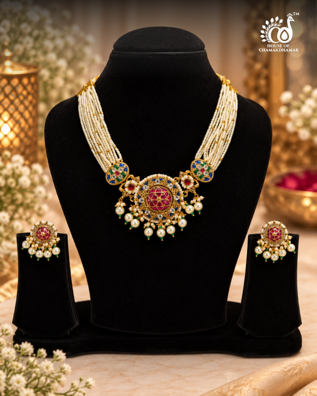 Multi-Strand Pearl Necklace Set with Paachi Work