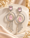 Pink AD Circle Drop Earrings with Crystal Fringe — Silver Tone
