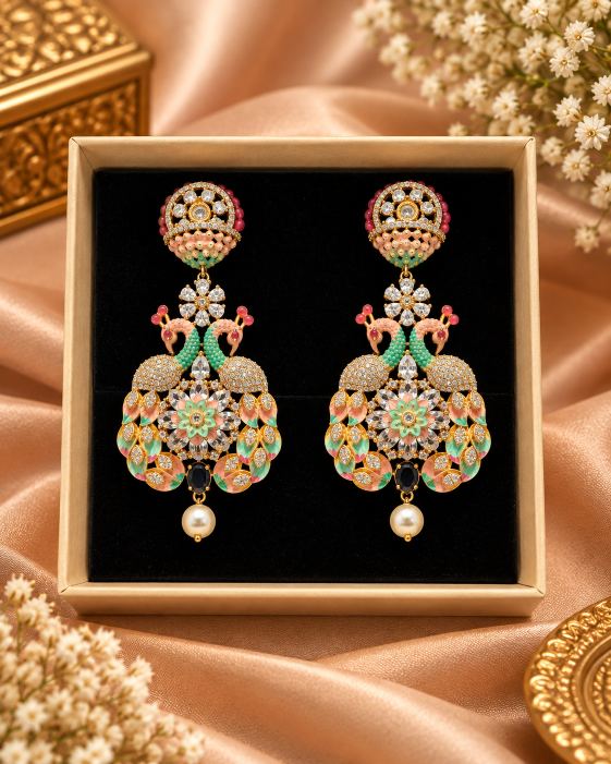 Twin Peacock Floral Drop Earrings with Kundan Work and Pearl Drop