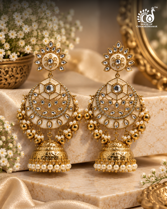 Chandbali Jhumka Earrings with Kundan Work and Detachable Kaan Chain