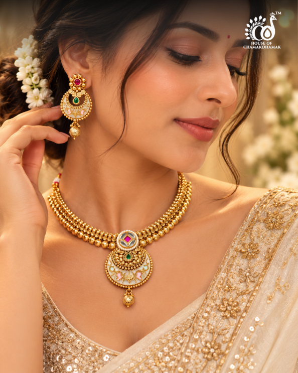 Traditional Temple Jewellery Peacock Meenakari Kundan Necklace Set
