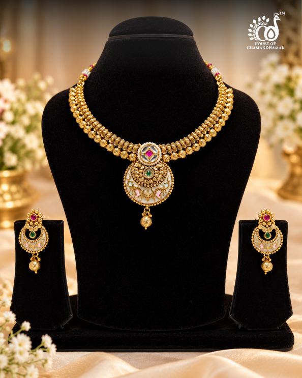 Traditional Temple Jewellery Peacock Meenakari Kundan Necklace Set