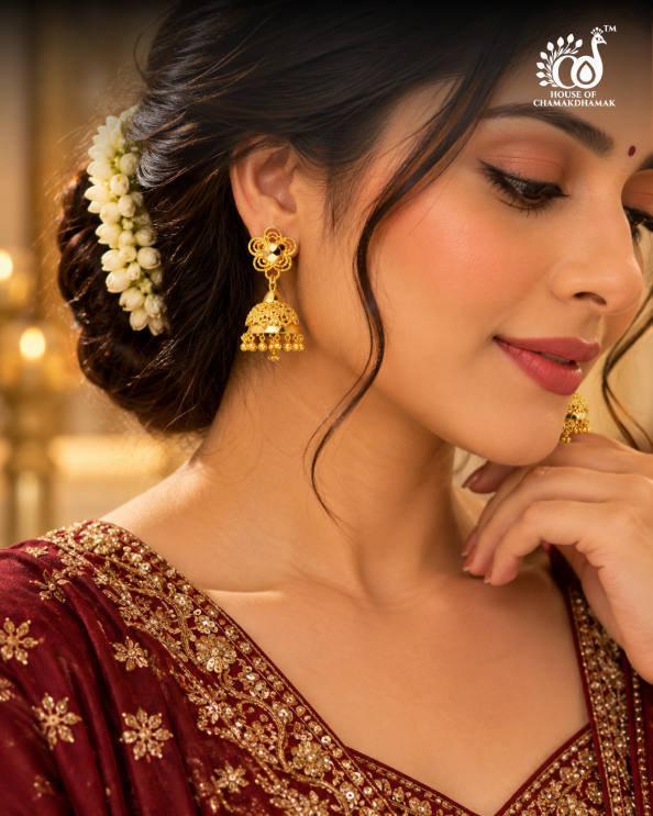 1 Gram Gold Tone Floral Jhumka Earrings with Filigree Dome and Golden Bead Drops