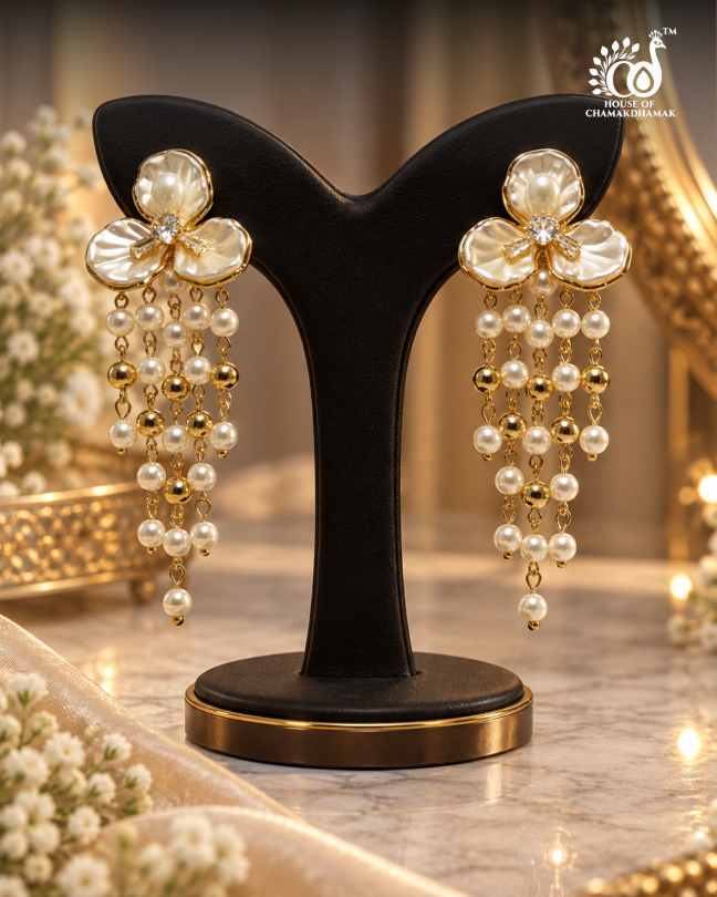 Floral Pearl Tassel Earrings with Crystal Detailing