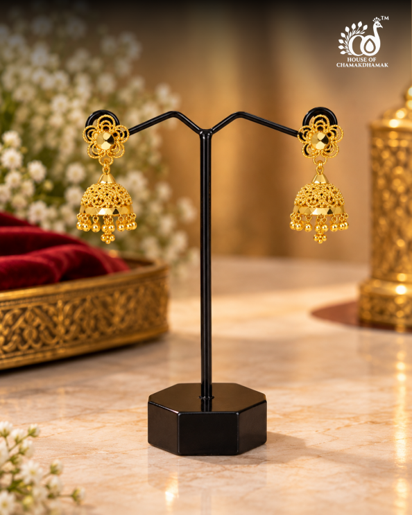 1 Gram Gold Tone Floral Jhumka Earrings with Filigree Dome and Golden Bead Drops