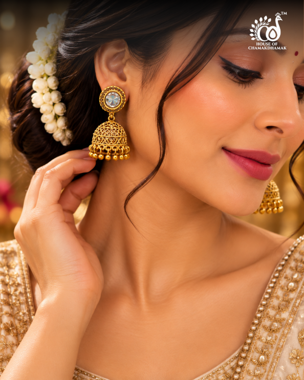 Gold Tone Kundan Jhumka Earrings with Lattice Filigree Dome and Golden Bead Drops