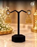 Gold Tone Kundan Jhumka Earrings with Lattice Filigree Dome and Golden Bead Drops