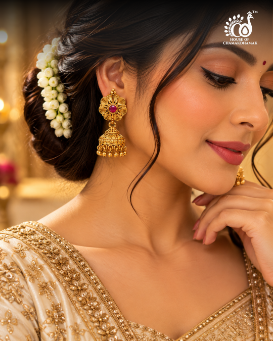 Gold Tone Temple Floral Jhumka Earrings with Ruby Stone and Golden Bead Drops