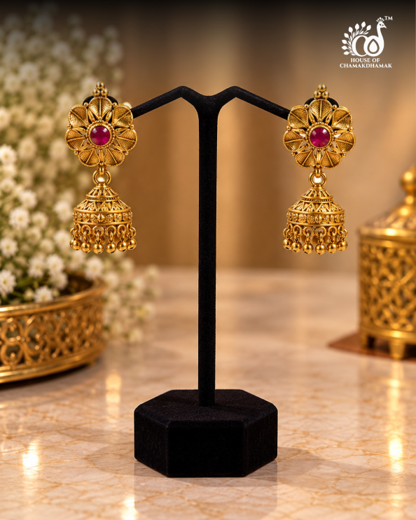 Gold Tone Temple Floral Jhumka Earrings with Ruby Stone and Golden Bead Drops