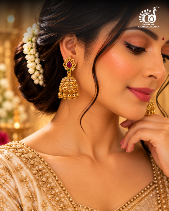 Gold Tone Temple Jhumka Earrings with Ruby Pear Stud and Golden Bead Drops