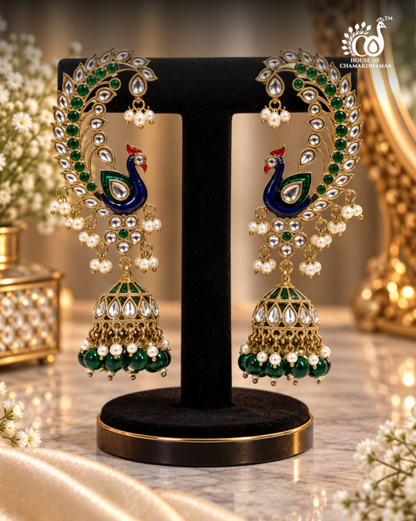 Peacock Ear Cuff Jhumka Earrings with Kundan Work