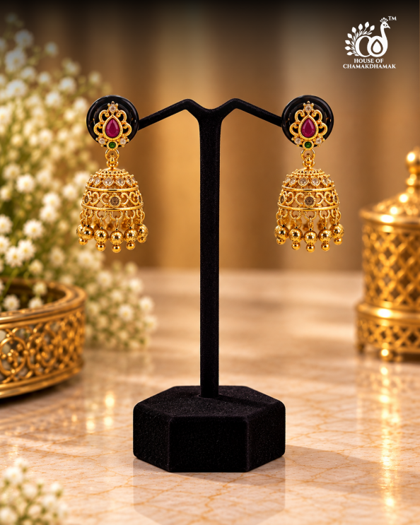 Gold Tone Temple Jhumka Earrings with Ruby Pear Stud and Golden Bead Drops