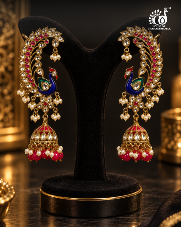 Peacock Ear Cuff Jhumka Earrings with Kundan Work