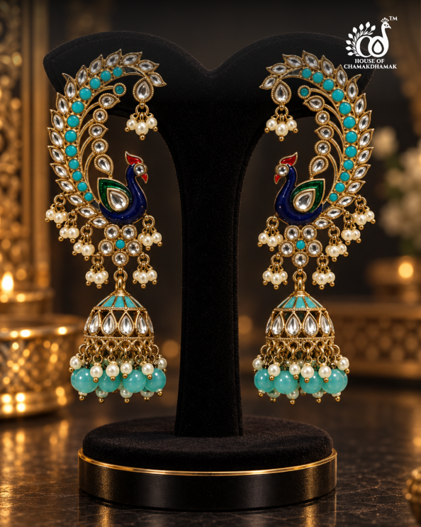 Peacock Ear Cuff Jhumka Earrings with Kundan Work