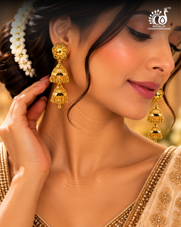 1 Gram Gold Plated Double Layer Jhumka Earrings with Floral Stud and Golden Bead Drops