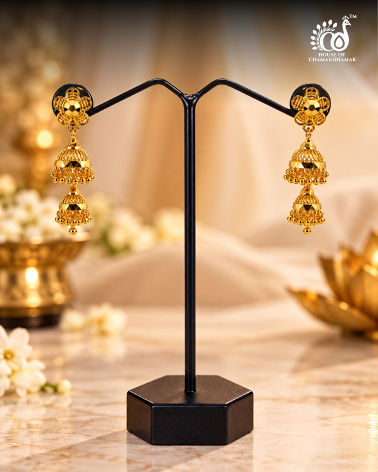 1 Gram Gold Plated Double Layer Jhumka Earrings with Floral Stud and Golden Bead Drops