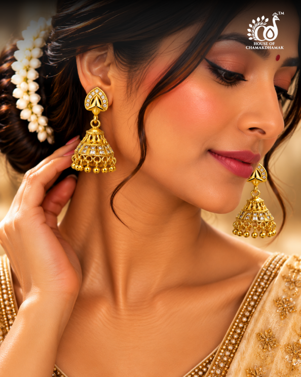 1 Gram Gold Plated Jhumka Earrings with White Stone Leaf Stud and Golden Bead Drops
