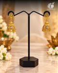 1 Gram Gold Plated Jhumka Earrings with White Stone Leaf Stud and Golden Bead Drops