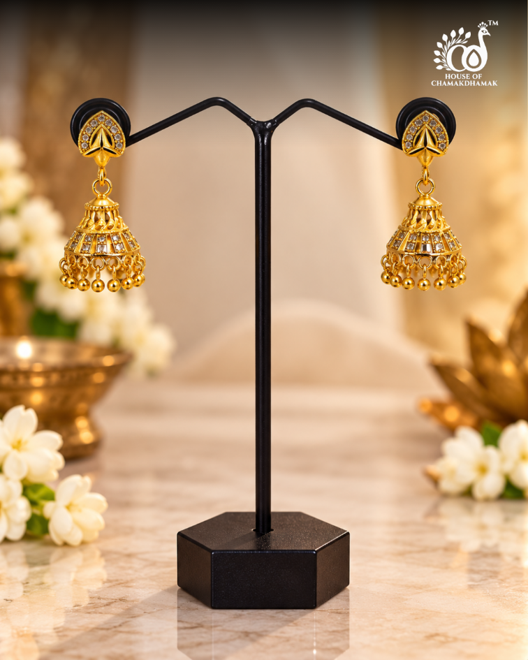 1 Gram Gold Plated Jhumka Earrings with White Stone Leaf Stud and Golden Bead Drops