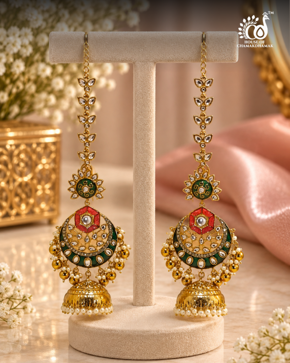 Chandbali Jhumka Earrings with Kundan Work and Detachable Kaan Chain