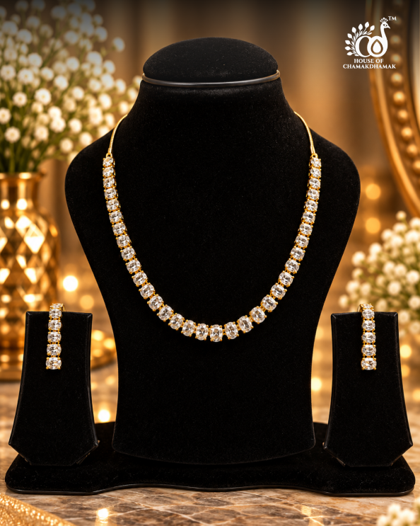 Oval AD Tennis-Style Necklace Set — Gold Tone