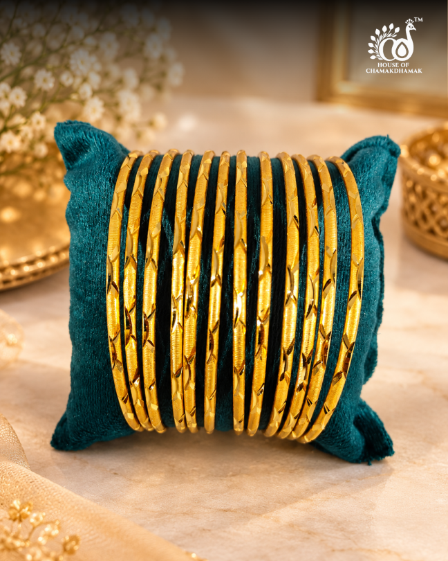 Gold Tone Textured Chudi Bangles, Set of 12