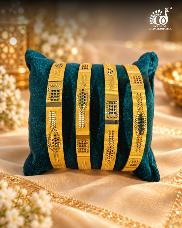 Gold Tone Broad Bangles with Cut Work, Set of 4