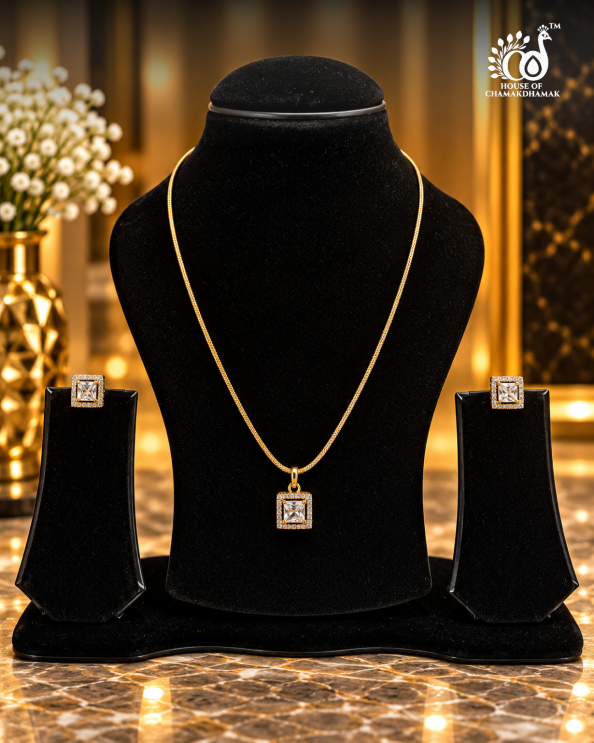 Solitaire-Style Square AD Pendant Set with Chain and Matching Earrings
