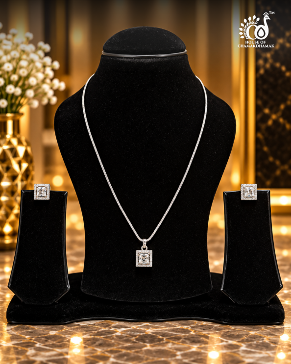 Solitaire-Style Square AD Pendant Set with Chain and Matching Earrings
