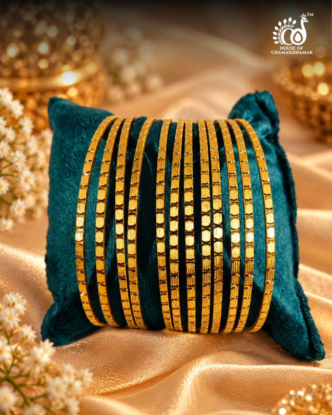 Gold Tone Slim Textured Bangles, Set of 12