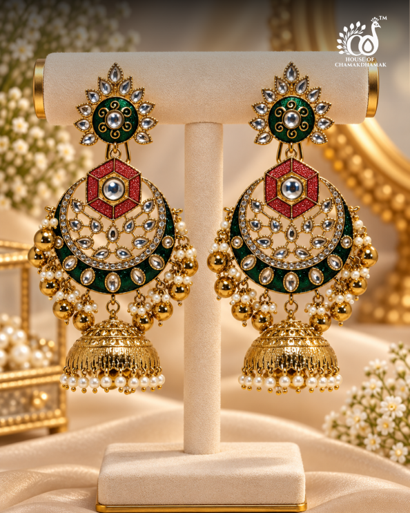 Chandbali Jhumka Earrings with Kundan Work and Detachable Kaan Chain