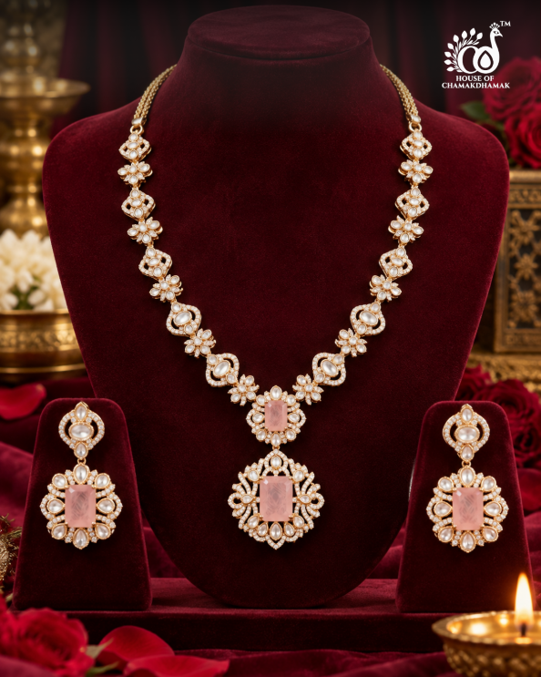 Floral Kundan Necklace Set with Pink Doublet Stones