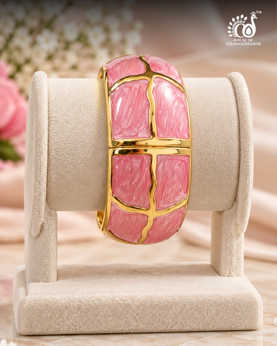 Pink Enamel Grid Kada — Free Size