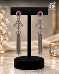 Ruby AD Fan Earrings with Chain Tassel Drop — Silver Tone