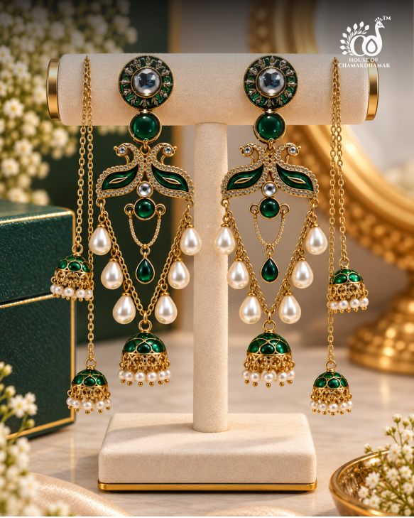 Kashmiri-Style Peacock Jhumkas with Detachable Pearl Drops — Green & Gold