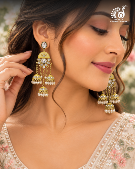 Triple Jhumka Drop Earrings with Kundan Work