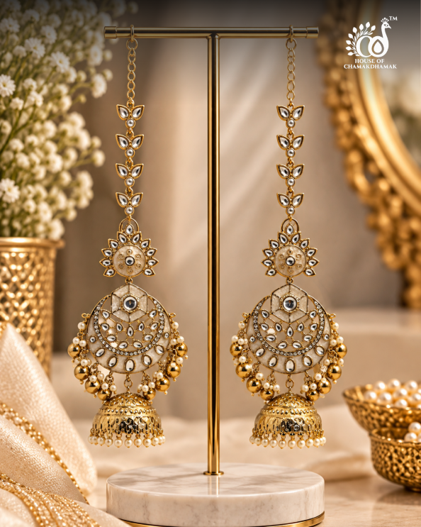 Chandbali Jhumka Earrings with Kundan Work and Detachable Kaan Chain