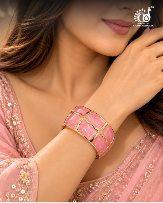 Pink Enamel Grid Kada — Free Size