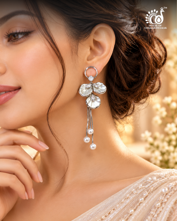 Silver Floral Pearl Tassel Earrings