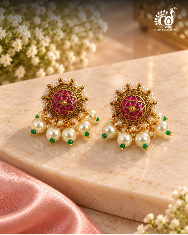 Multi-Strand Pearl Necklace Set with Paachi Work