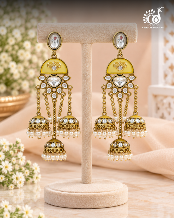 Triple Jhumka Drop Earrings with Kundan Work