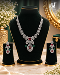 Leaf-Motif AD Necklace Set with Ruby and Emerald Drops — Silver Tone
