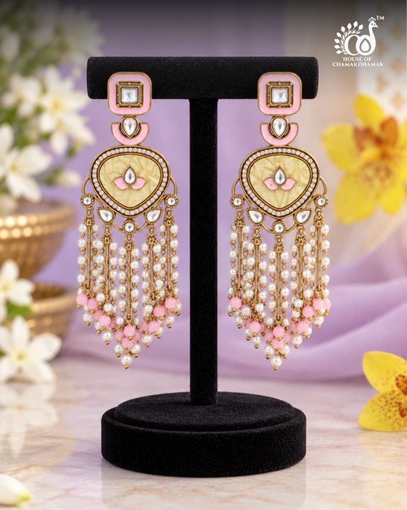 Marble-Finish Kundan Tassel Earrings with Pearl Fringe
