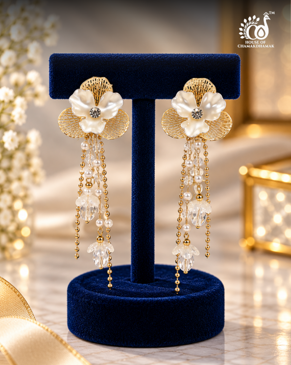 Floral Tassel Earrings with Pearl and Crystal Drops