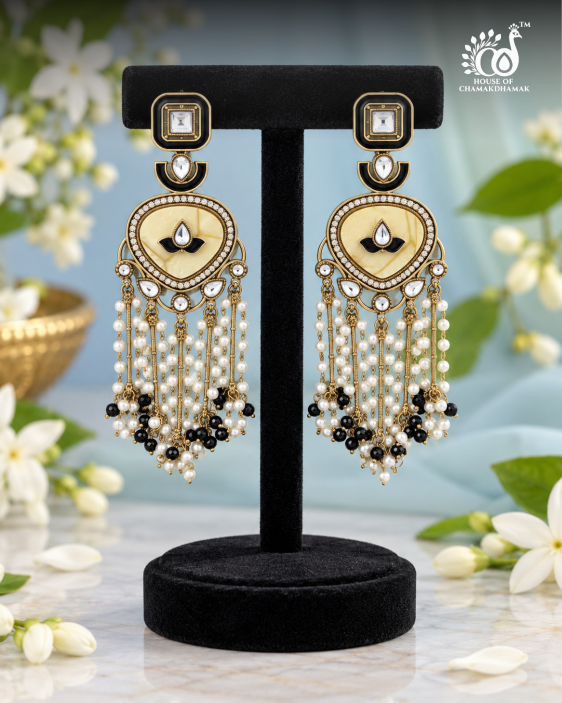 Marble-Finish Kundan Tassel Earrings with Pearl Fringe